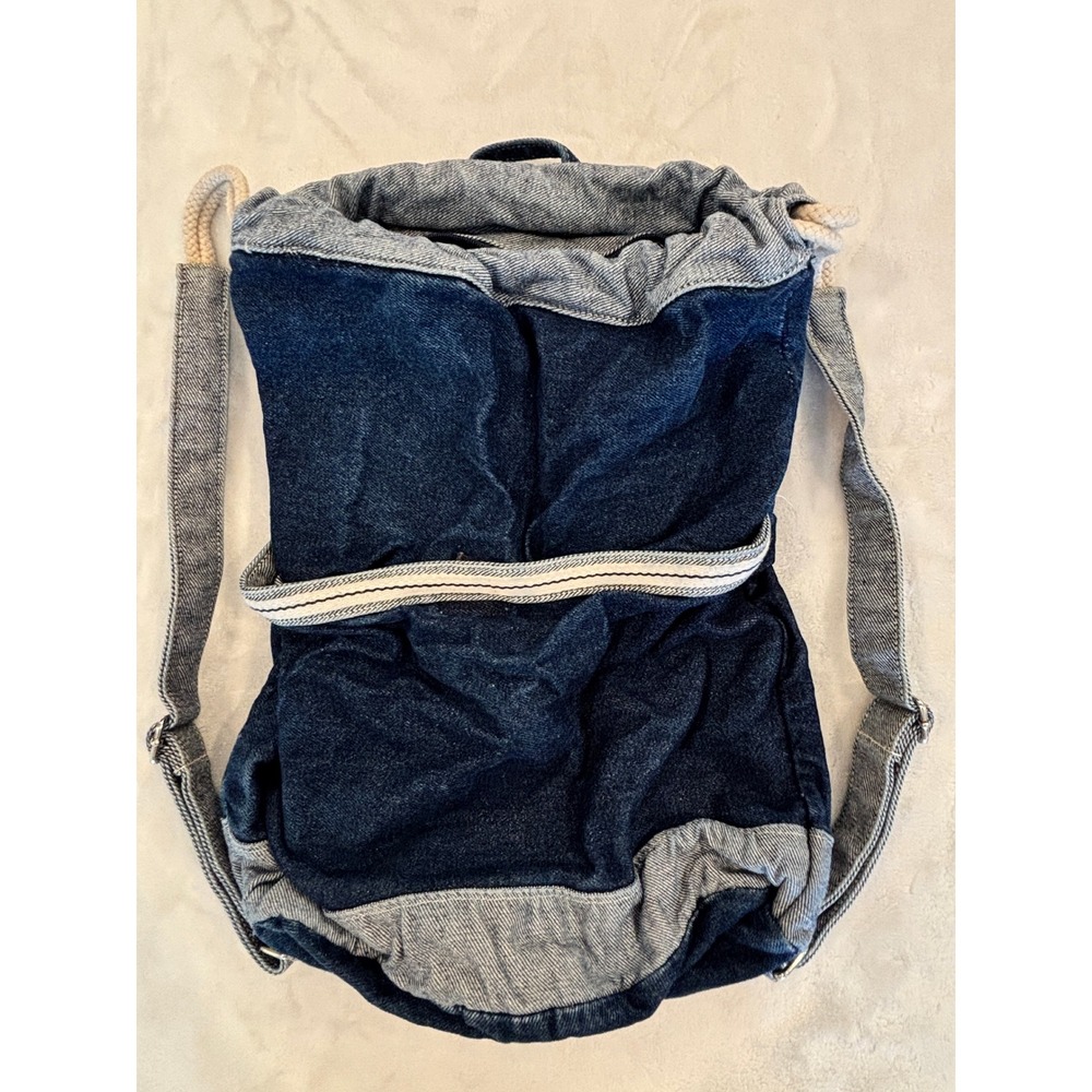 Blue Denim Drawstring Backpack Two Tone Indigo Cinch Bag Adjustable Straps
